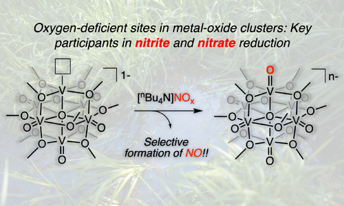 Conversion of NO<sub>x</sub><sup>1-</sup> (x = 2, 3) to NO using an oxygen-deficient polyoxovanadate-alkoxide cluster